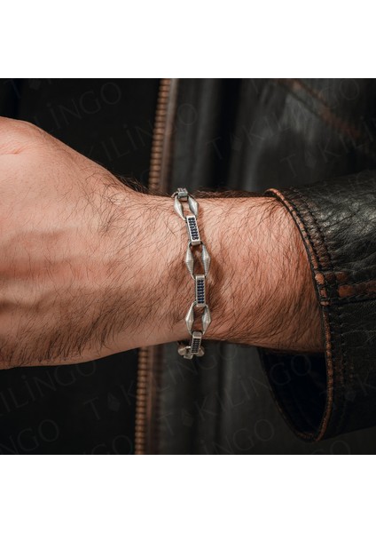 925 Ayar Gümüş Mavi Zirkon Taşlı Örgü Model Zincir Işlemeli Lüks Tasarım Erkek Bileklik modelleri