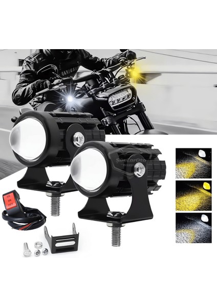 Motosiklet Mini Sis Farı Çift Renk Sarı-Beyaz Aç Kapa Düğmeli Scooter Araç Off Road LED Lamba 8V-80V Projektör Metal Kasa Arazi Çalışma Lambası 2 Adet Set