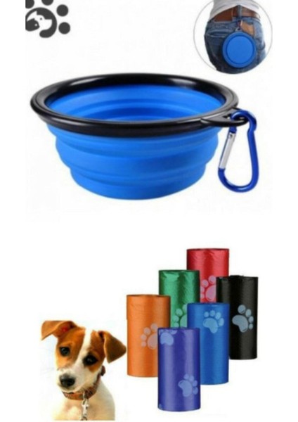Katlanabilir Mama ve Su Kabı Kedi Köpek Köpek Dışkı Poşeti 4lü Set