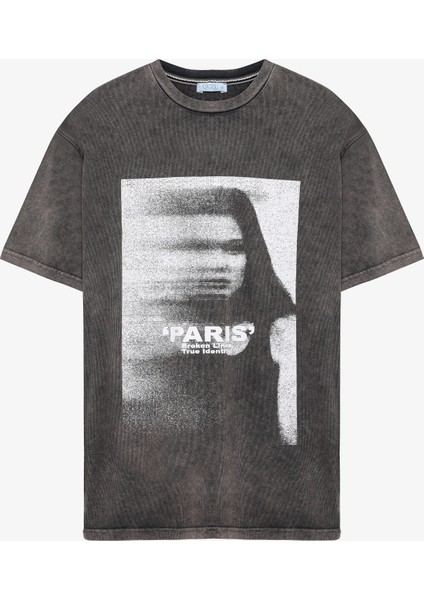 Yıkamalı Paris Baskılı Oversize Tişört Antrasit