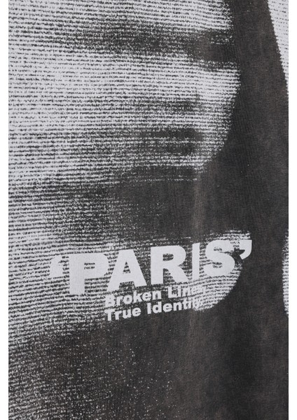 Yıkamalı Paris Baskılı Oversize Tişört Antrasit modelleri