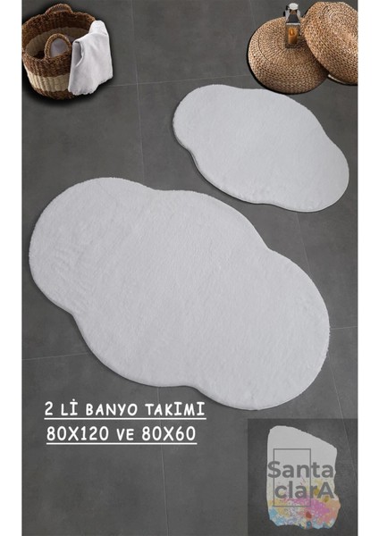Beyaz Banyo Halısı Peluş Post Halı Klozet 2 Li Takımı 80X120 + 80X60