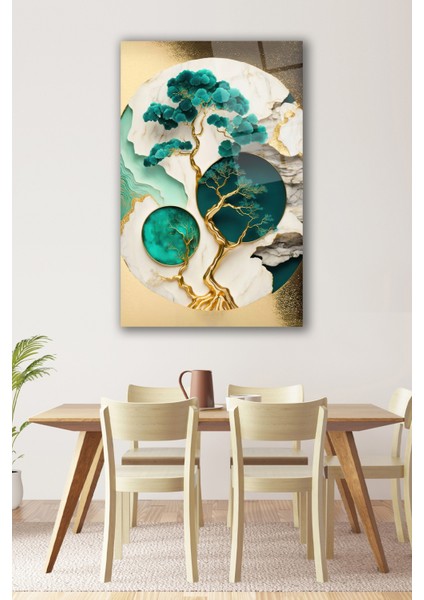 Soyut Bonsai Ağaç Cam Tablo Yeşil Gold Ev Ofis Salon Hediyelik Büyük Tablo
