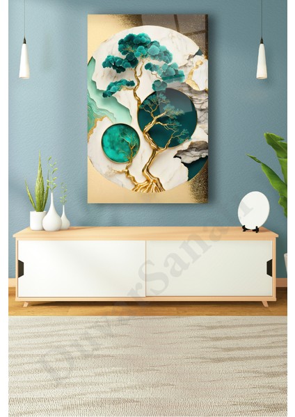 Soyut Bonsai Ağaç Cam Tablo Yeşil Gold Ev Ofis Salon Hediyelik Büyük Tablo modelleri