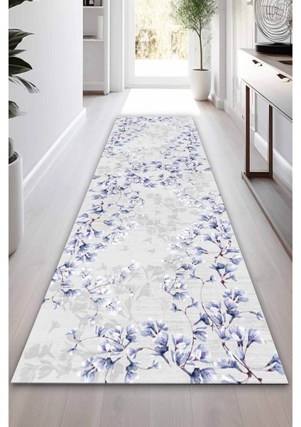 Mavi Çiçek Desenli Kalın Dokulu Kaymaz Taban Yolluk ve Halı