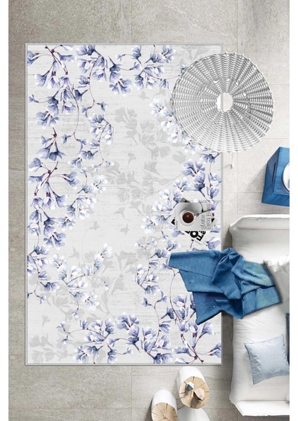 Mavi Çiçek Desenli Kalın Dokulu Kaymaz Taban Yolluk ve Halı fiyatları