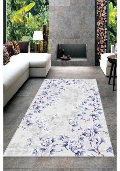 Mavi Çiçek Desenli Kalın Dokulu Kaymaz Taban Yolluk ve Halı modelleri