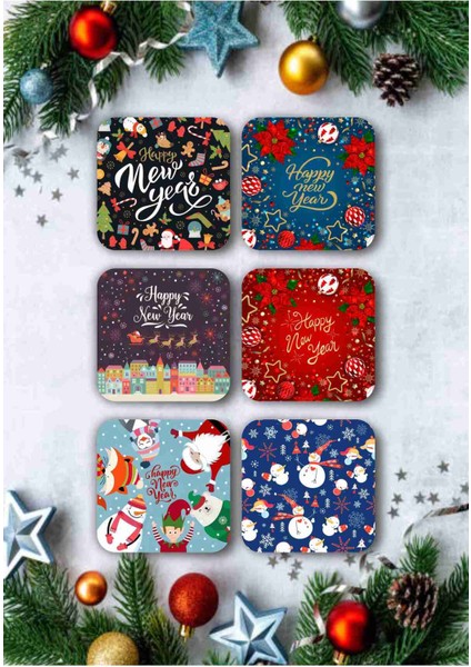 Mutlu Yıllar - Yılbaşı - Yeni Yıl - Merry Christmas Temalı Ahşap Bardak Altlığı Seti 6 Adet