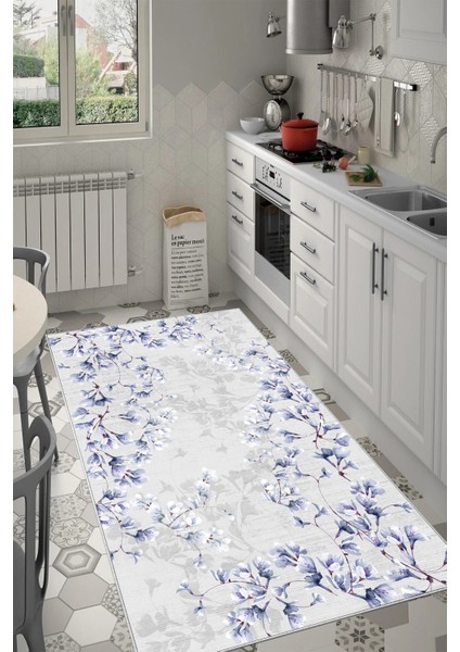 Mavi Çiçek Desenli Kalın Dokulu Kaymaz Taban Yolluk ve Halı fırsatları