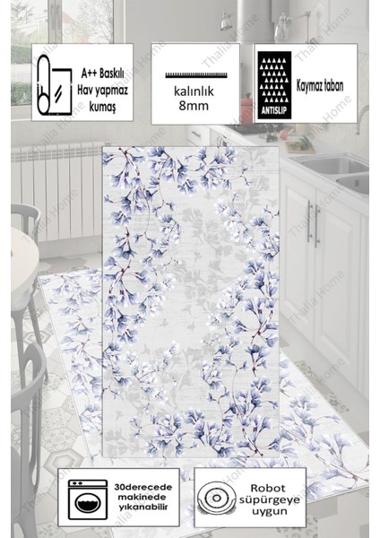 Mavi Çiçek Desenli Kalın Dokulu Kaymaz Taban Yolluk ve Halı indirimleri