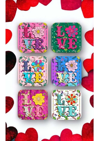 Love Aşk Temalı Ahşap Bardak Altlığı Seti 6 Adet