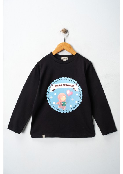 Kız Çocuk Uzun Kollu Bisiklet Yaka "kuran Okuyorum" Kalpli Baskılı Tişört Mevsimlik Pamuklu