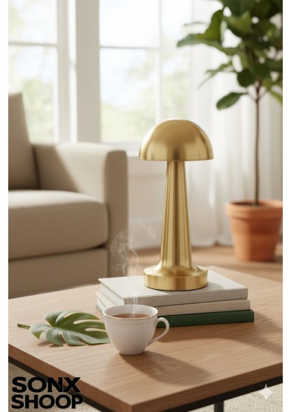 Dokunmatik Mantar Masa Lambası Gold Kasa Renkli 3 Işık Şarjlı Masa Lambası