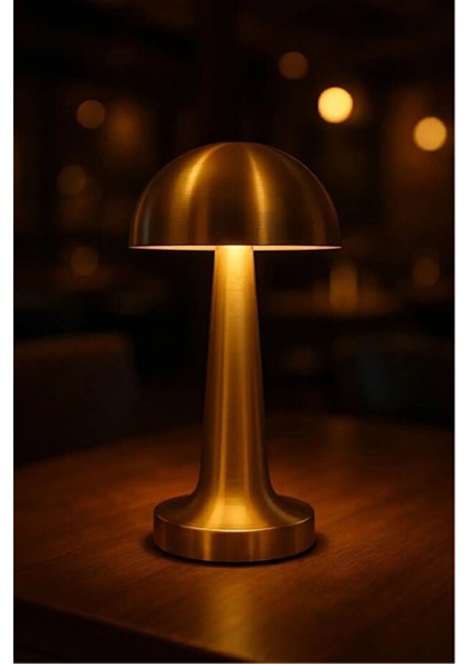 Dokunmatik Mantar Masa Lambası Gold Kasa Renkli 3 Işık Şarjlı Masa Lambası