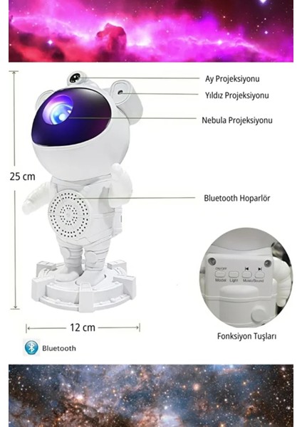 Astronot Bluetooth Hoparlör Bulutsusu Galax Yay Tavan Gökyüzü Projektör Zamanlayıcı Gece Lambası modelleri