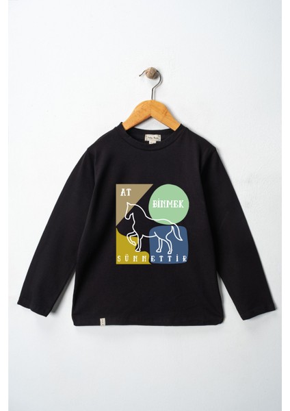 Kız Çocuk Uzun Kollu Bisiklet Yaka "at Binmek Sünnettir" Baskılı Tişört Mevsimlik Pamuklu