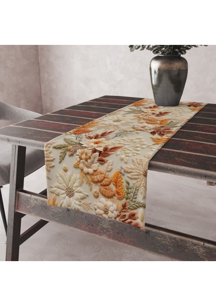 Punch Nakış Desen 3 Boyutlu Leke Tutmaz Kumaş Kenarları Dikişli Dekoratif Masa Örtüsü Runner 45×100 cm