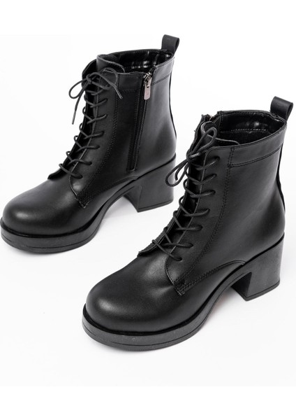 ZRİN-3025 Premium Siyah Bağcıklı Fermuarlı Kalın Topuklu Kadın Bot modelleri