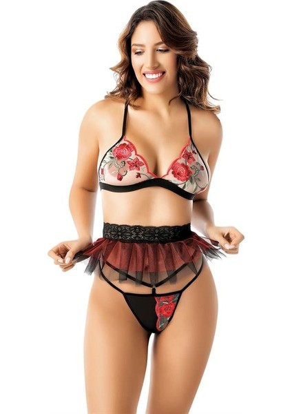 Arias Closet Nakış Detaylı Fantazi Sütyen Tanga String Takımı