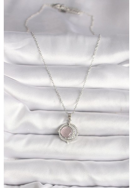 316L Çelik Gümüş Renk Zirkon Taşlı Pembe Sedefli Hilal Model Kadın Kolye fiyatları