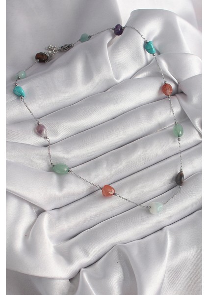 316L Çelik Gümüş Renk Zincir Renkli Doğaltaş Model Kadın Kolye fiyatları