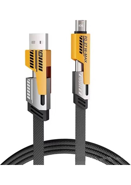 4’ü 1 Arada 65W Hızlı Şarj Kablosu – USB ve Type-C Girişli, Örgülü Dayanıklı
