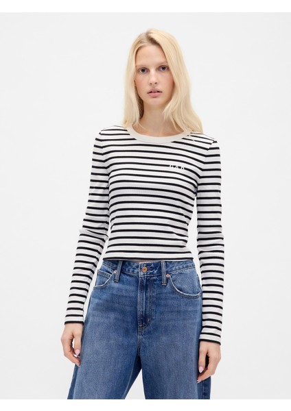 Kadın Siyah Beyaz Çizgili Ribana Crop Bisiklet Yaka T-Shirt