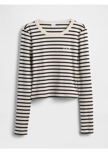 Kadın Siyah Beyaz Çizgili Ribana Crop Bisiklet Yaka T-Shirt fiyatları