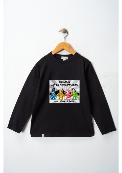 Kız Çocuk Uzun Kollu Bisiklet Yaka "ramazan Süper Kahramanları" Baskılı Tişört Mevsimlik Pamuklu