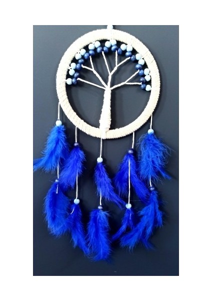 Saks Mavisi Kuş Tüylü Hayat Ağacı Düş Kapanı Dream Catcher Duvar Süsü