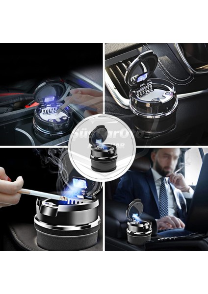 Üniversal Porselen Yanmaz Koku Geçirmez Işıklı Lüx Oto Küllük Dumansız Kapaklı Spor Araç Içi Küllük Araba Küllüğü Gümüş ONK06