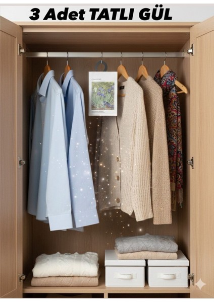 Dolap ve Çekmece Kokusu (Gül)–3 Adet Askılı Koku Poşeti, Çoklu Aroma Seçenekli, Uzun Ömürlü Koku