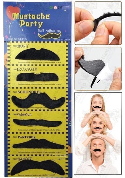 Takma Bıyık 6 Lı 1 Paket Yapışkanlı Takma Bıyık Etkinlik Tiyatro Parti Eğlence Kendinden Bantlı