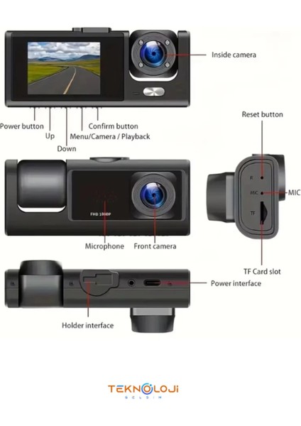 1080P Dash Cam Full Hd Araç Içi Kamera Ön Arka ve Iç Kayıt 3 Kamera Gece Görüşlü G Sensör Geniş Açı