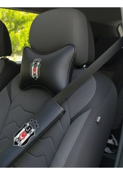 Beşiktaş Logolu Deri Oto Boyun Yastığı ve Emniyet Kemeri Kılıfı Seti(2'li)
