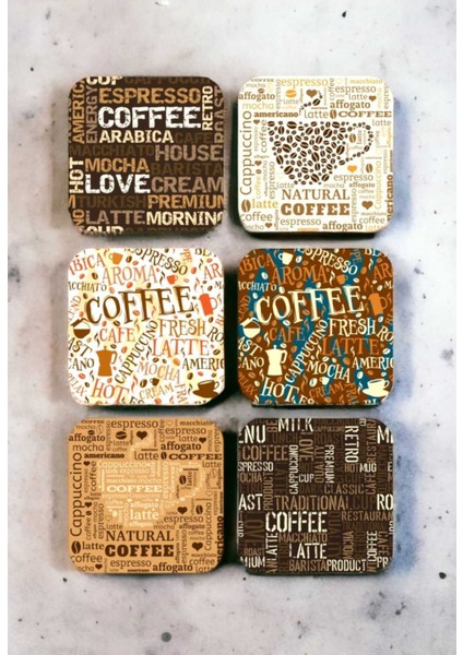 Çay Kahve Coffee Retro Vintage Ahşap Bardak Altlığı Seti 6 Adet