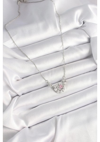 316L Çelik Gümüş Renk Zirkon Taşlı Hilal Pembe Kalp Model Kadın Kolye fiyatları