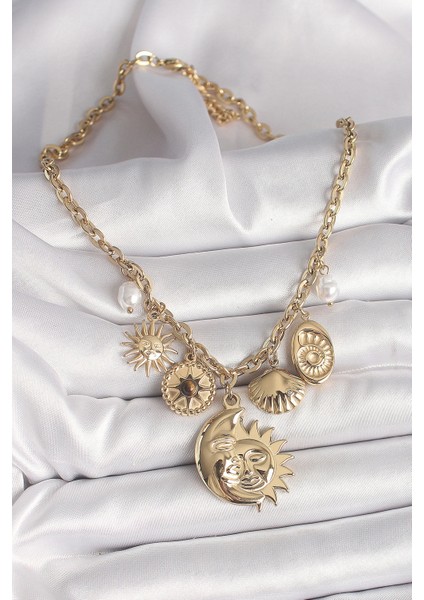 316L Çelik Gold Renk Ay Güneş Figür Deniz Kabuğu Detay Kadın Kolye fiyatları