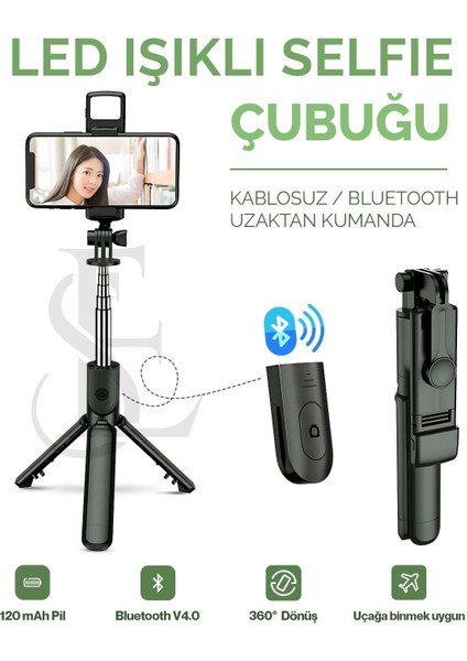 LED Işıklı Selfie Çubuğu Bluetooth Kumandalı Kablosuz Tripot Selfie Monopod Selfie Stick