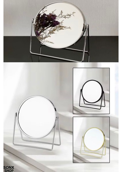 Gümüş Renk Ayarlanabilir Metal Ayaklı Masa Üstü Makyaj Aynası – 360° Döner, Şık Dekoratif Tasarım