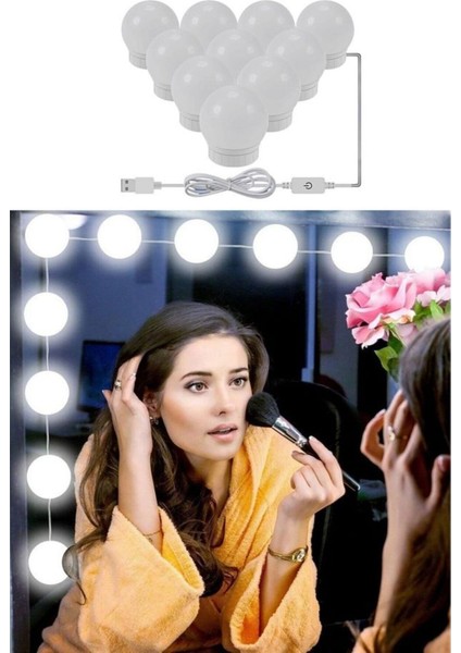 Nostalji Hollywood Tarzı 10LU Makyaj Masası Aynası Beyaz LED Işıklı Lamba USB