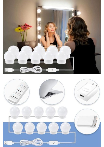 Nostalji Hollywood Tarzı 10LU Makyaj Masası Aynası Beyaz LED Işıklı Lamba USB