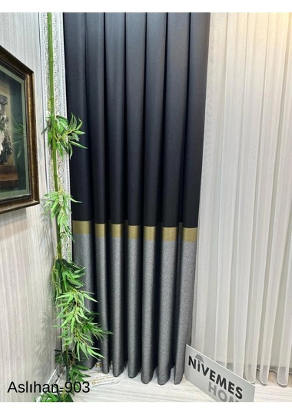 Nivemeshome Aslıhan Siyah-Gold FT632116 V-903 1/3 Sık Pile Fon Perde Apm
