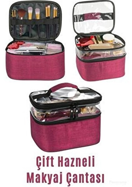 Makyaj Çantası Çift Bölmeli Makyaj Çantası Şeffaf Makyaj Çantası Şeffaf Bölmeli Makyaj Çantası