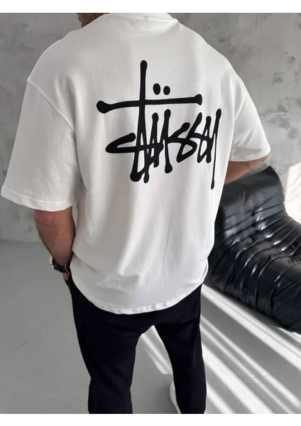 Unisex Bisiklet Yaka Baskılı Oversize T-Shirt - Beyaz fiyatları
