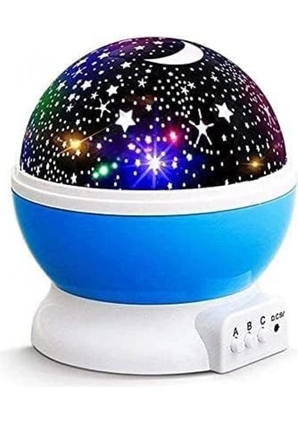 Mavi Dönen Renkli Ay Yıldızlı Gökyüzü Yansıtmalı Projeksiyon Gece Lambası Çocuk Bebek Parti Odası