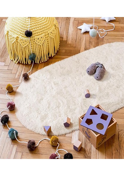 Krem Ekru Peluş Halı Antibakteriyel Oval Elips Yuvarlak Yumuşak Kaymaz Taban Yıkanabilir