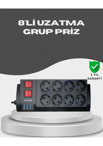 Akım Korumalı 8’li Priz 3 Usb’li Uzatma Kablosu Isıya Dayanıklı 2 Metre
