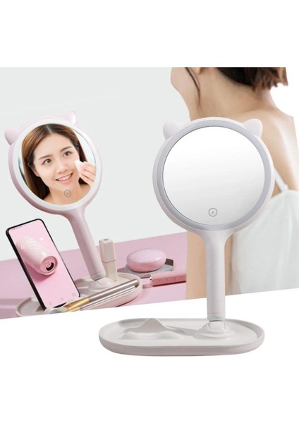 Kedi Kulaklı Telefon Standlı Yuvarlak Dokunmatik LED Ayarlı Masa Üstü Makyaj Aynası