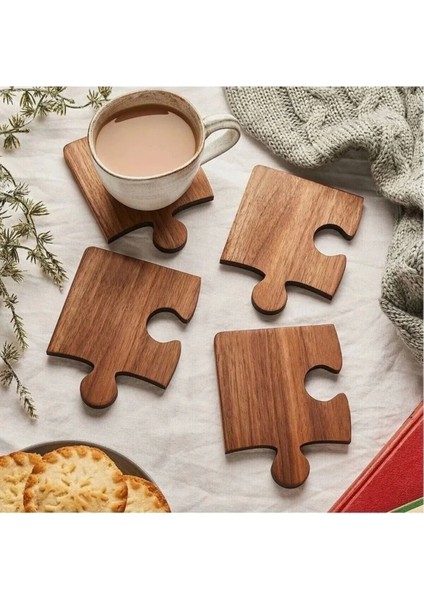 Ahşap Desenli Puzzle Mdf Bardak Altlığı 4lü Set 10X10 cm Masaüstü Dekorasyon Eşyası fiyatları